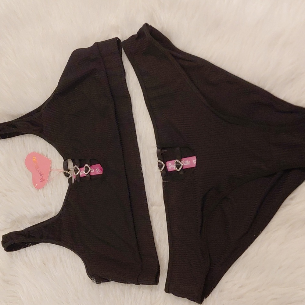 DOLLSKILL SUGAR THRILLZ 1X BLACK/SEQUIN HEARTS LINGERIE SET